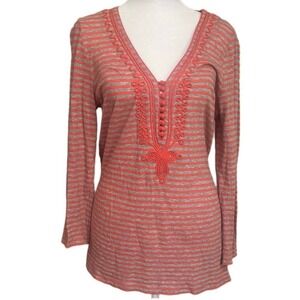 J. Crew Factory Orange & Gray Long Sleeved V-Neck‎ Tee Soutache Trim MED